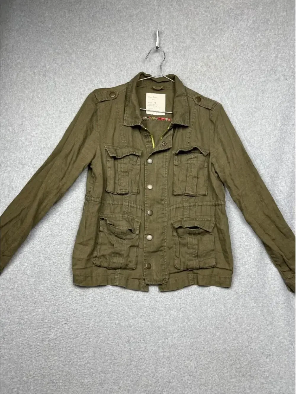 Free People Military Utility Jacket Womens 4/S Linen Cargo Pocket Gorpcore Green
